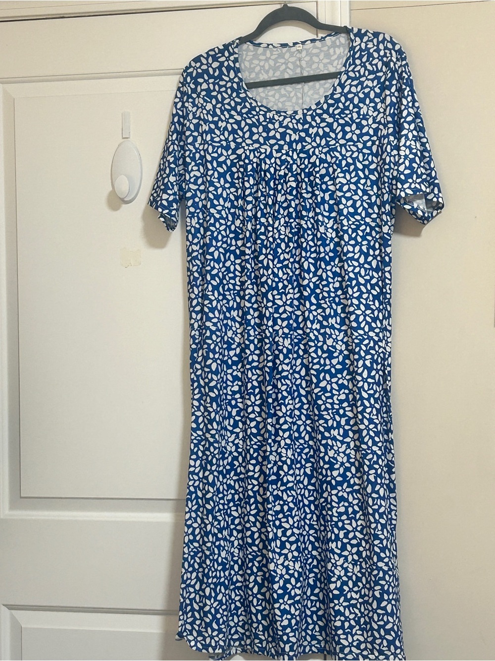 Blue and White Leaf-Print Midi Dress